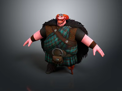 Cartoon Scottish Man With Red Hair Wearing Green Plaid Kilt And Fur Trim 3d model