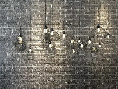 Stylish Glass Pendant Lights Hanging Over Brick Wall With Illuminated Bulbs 3d model