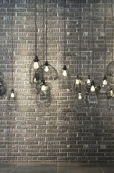 Stylish Glass Pendant Lights Hanging Over Brick Wall With Illuminated Bulbs 3d model