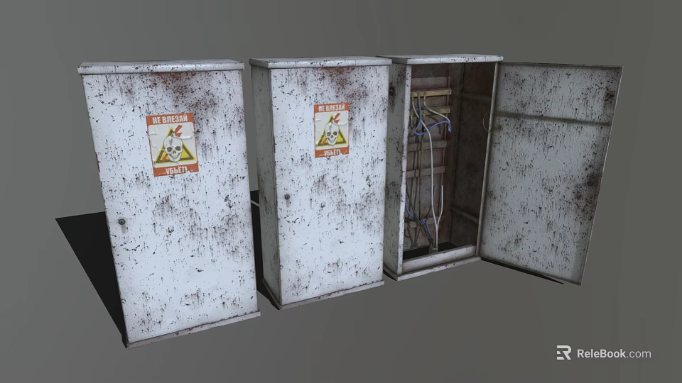Industrial Metal Electrical Cabinets With Warning Labels And Internal Wiring Showing Rustic Usage Signs 3d model 