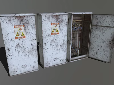 Industrial Metal Electrical Cabinets With Warning Labels And Internal Wiring Showing Rustic Usage Signs 3d model
