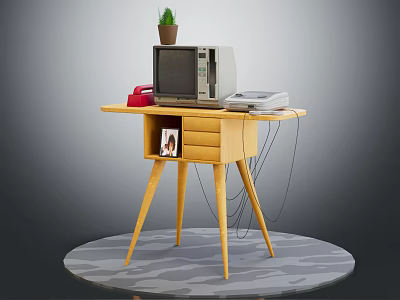 Vintage TV Red Telephone Small Plant On Yellow Three Legged Table With Gray Round Rug 3d model