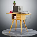 Vintage TV Red Telephone Small Plant On Yellow Three Legged Table With Gray Round Rug