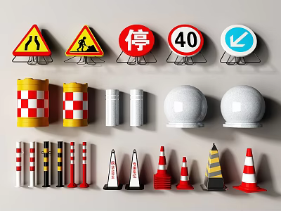 Essential Road Traffic Facilities Including Warning Signs Traffic Cones Crash Barrels And Safety Bollards 3d model