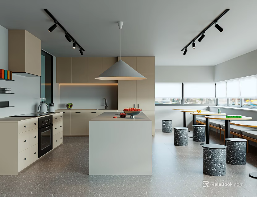 Modern Pantry Interior Design With Open Layout Island Counter Cabinets Stools Windows And Lighting 3d model