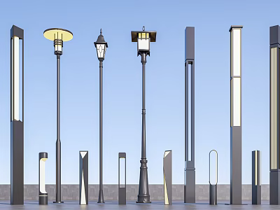Various Designed Outdoor Lights With Street Lamp And Columnar Styles Against Blue Sky Background 3d model