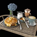 Homemade Pancakes With Syrup Milk And Coffee On Wicker Tray With Hydrangea