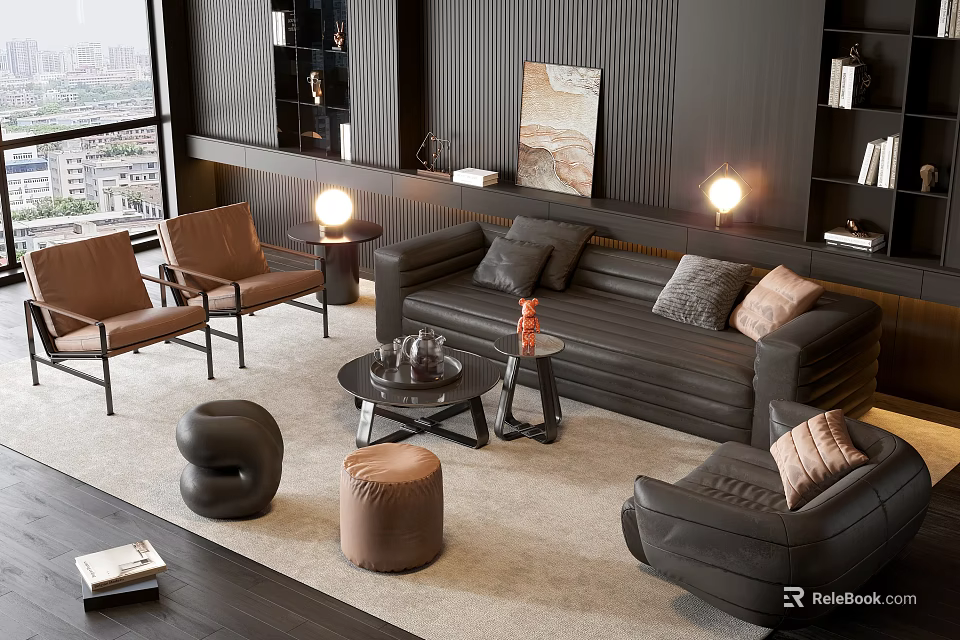 Modern Sofa Coffee Table Combination With Leather Sofa Pillows Floor Lamps And Armchairs On Rug 3d model 