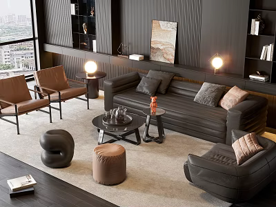 Modern Sofa Coffee Table Combination With Leather Sofa Pillows Floor Lamps And Armchairs On Rug 3d model