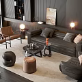Modern Sofa Coffee Table Combination With Leather Sofa Pillows Floor Lamps And Armchairs On Rug