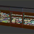 Wooden Three Section Bookcase With Multiple Shelves And Colorful Books On Gray Top