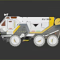 Futuristic Six Wheeled Rover With RV90 Logo Yellow White Roof Lights For Off Road Exploration