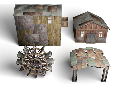 Rustic Vintage Wooden Building Models With Water Wheel And Roof Structure 3d model
