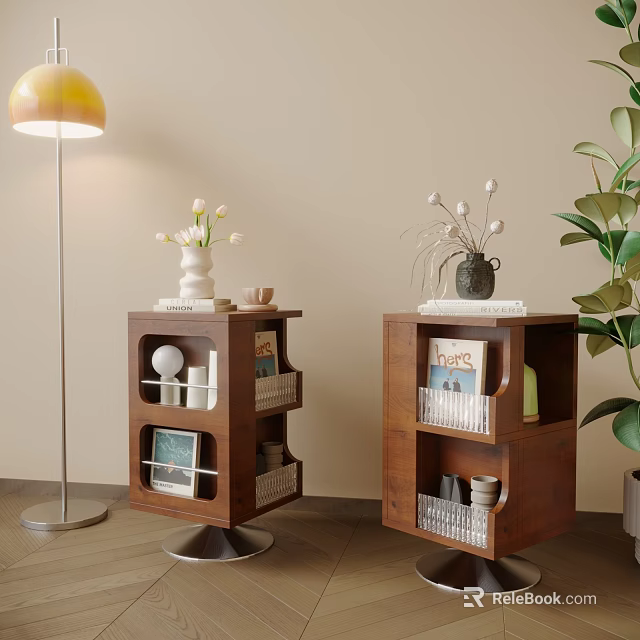 Cozy Living Room Interior With Wooden Side Tables Shelves Decorative Vases Books And Green Plant 3d model 
