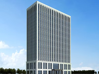 Modern High Rise Office Building With Glass Curtain Wall And Trees Under Blue Sky 3d model