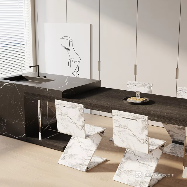 Modern Dining Table Set With Marble Chairs And Dark Wood Counter Top Design 3d model 