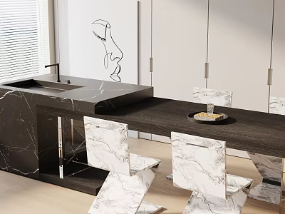 Modern Dining Table Set With Marble Chairs And Dark Wood Counter Top Design 3d model
