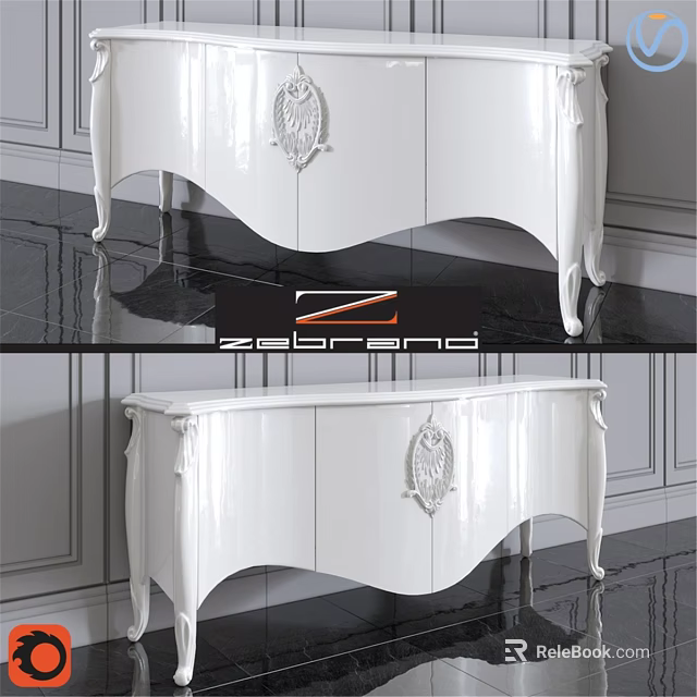 Elegant White Classic Dresser With Glossy Finish Carved Ornament And Curved Legs 3d model 
