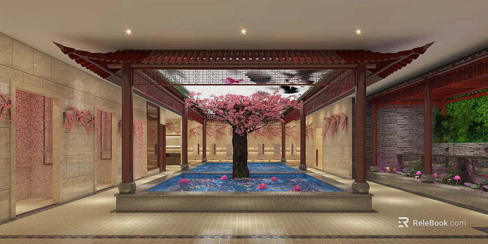Traditional Chinese Style SPA Sauna with Central Pool Pink Flowering Tree and Wooden Beams 3d model 