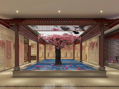 Traditional Chinese Style SPA Sauna with Central Pool Pink Flowering Tree and Wooden Beams 3d model