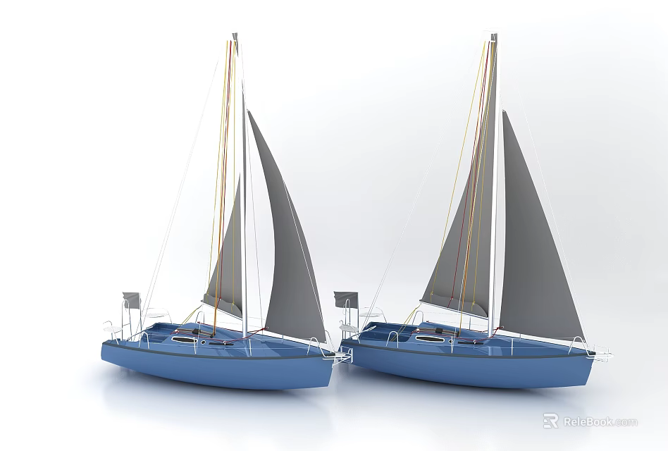 Two Blue Sailboats Side by Side with Gray Sails and White Masts 3d model 