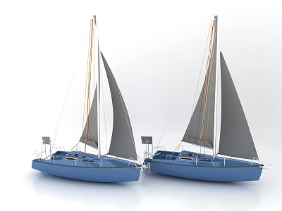 Two Blue Sailboats Side by Side with Gray Sails and White Masts 3d model Two Blue Sailboats Side by Side with Gray Sails and White Masts 3d model