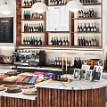 Coffee Bar Interior With Wooden Shelves Bottles Coffee Machine And Dessert