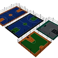 Basketball Court Facility With Multiple Colored Floors Blue Green Gray And Surrounding Fences