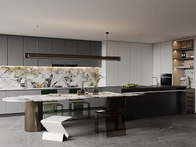 Modern Kitchen Interior With Gray Cabinets Marble Island And Hanging Lights 3d model