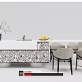 Dining Table Set With Zebra Pattern Cabinet White Countertop And Four Gray Upholstered Chairs 3d model
