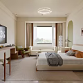 Modern Hotel Room Interior Design With Upholstered Bed Arched Wall Decorative Paintings And Bookshelves