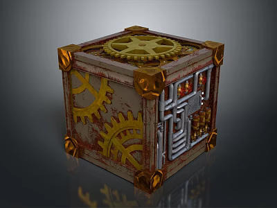 Vintage Gear Decorative Cube Storage Box With Golden Accents And Metal Details 3d model