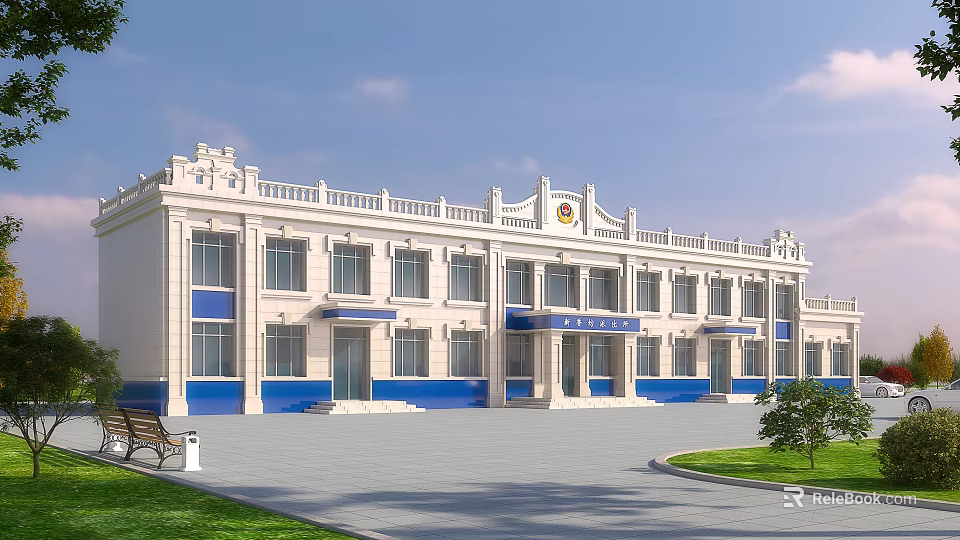 White Office Building Featuring Blue Accents Multiple Windows Badge Logo Square Bench And Lawn 3d model 