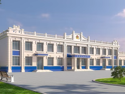 White Office Building Featuring Blue Accents Multiple Windows Badge Logo Square Bench And Lawn 3d model