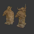Male Warrior Statues with Intricate Armor Shield Spear and Carved Details