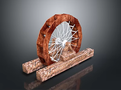 Wooden Mechanical Wheel Device With White Spokes And Support Base 3d model