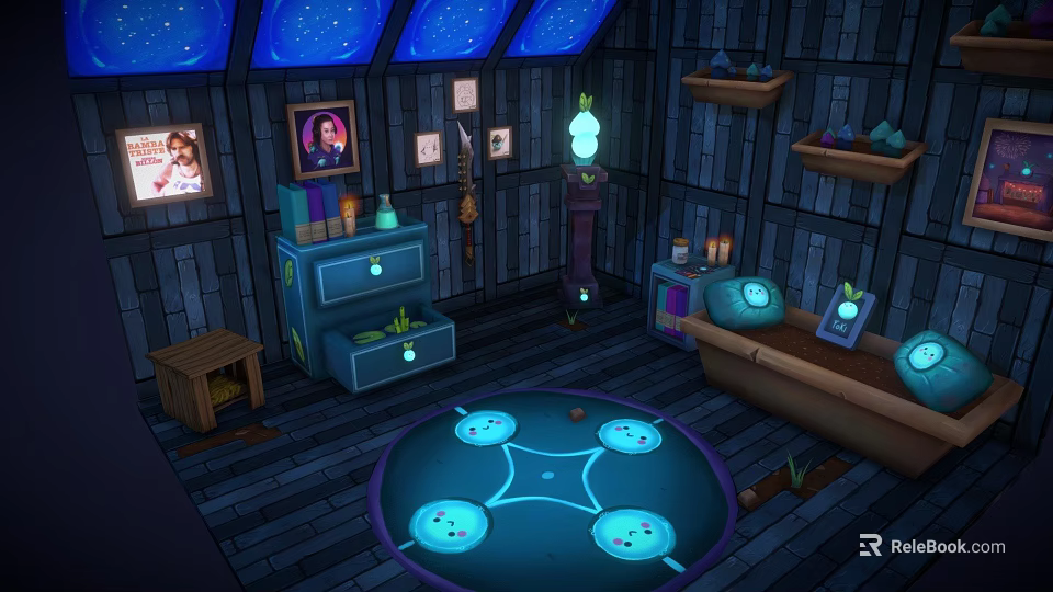 Cozy Cartoon Room with Starry Ceiling Wooden Walls Glowing Circle Orbs and Decorative Furniture 3d model 