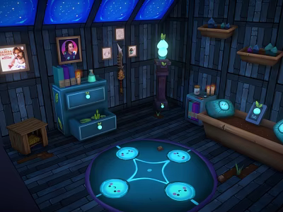 Cozy Cartoon Room with Starry Ceiling Wooden Walls Glowing Circle Orbs and Decorative Furniture 3d model