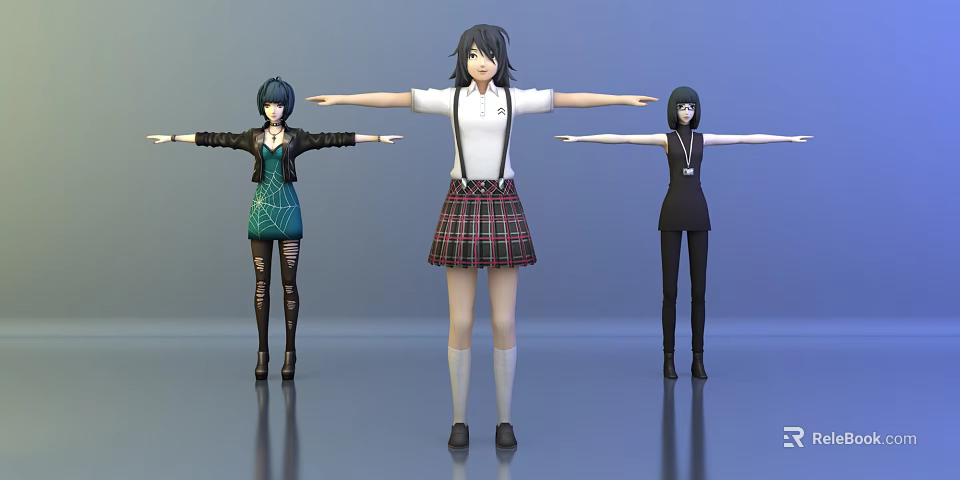 Three Game Movie Characters In Uniform Green Dress Black Outfit With Arms Extended 3d model 