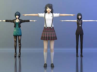 Three Game Movie Characters In Uniform Green Dress Black Outfit With Arms Extended 3d model