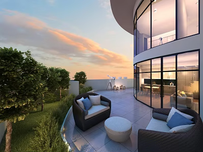 Garden Decor Elements For Modern Outdoor Terrace With Green Plants White Black Sofa And Sunset Sky 3d model