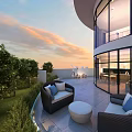 Garden Decor Elements For Modern Outdoor Terrace With Green Plants White Black Sofa And Sunset Sky