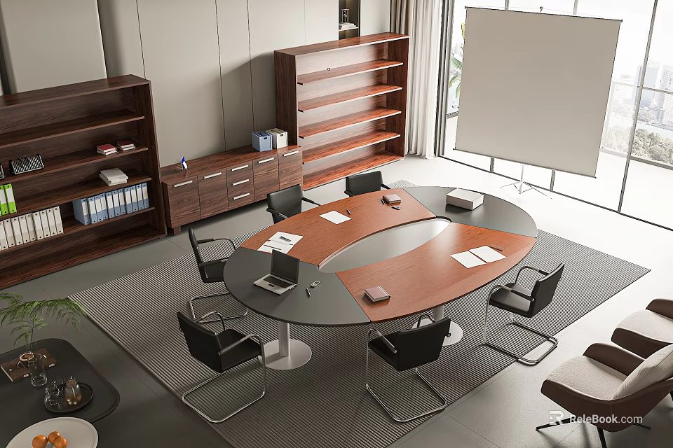 Modern Conference Table With Black Chairs Bookshelves And Whiteboard In Office 3d model 