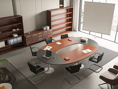 Modern Conference Table With Black Chairs Bookshelves And Whiteboard In Office 3d model