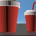 Two Red Paper Cups With White Lids And Red Straws In Different Sizes 3d model