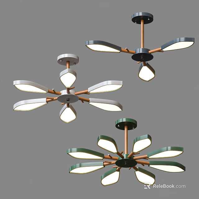 Modern Chandeliers with Leaf Shaped Shades and Metal Frames in Green Gray Black 3d model 