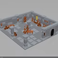 Medieval Building Interior With Stone Walls Archway Checkerboard Floor And Red Furnishings
