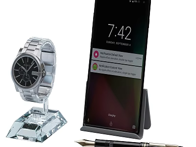 Modern Daily Living Essentials With Watch Smartphone Pen And Transparent Stand 3d model