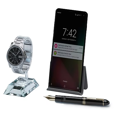 Modern Daily Living Essentials With Watch Smartphone Pen And Transparent Stand 3d model