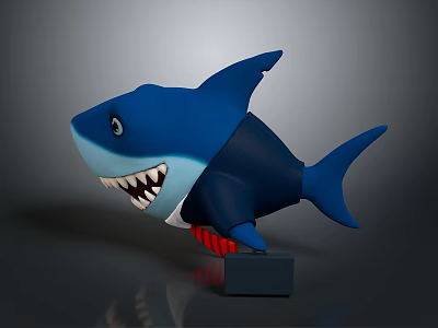 Blue 3D Shark Model With Open Mouth Sharp Teeth Standing On Black Cube Gray Background 3d model